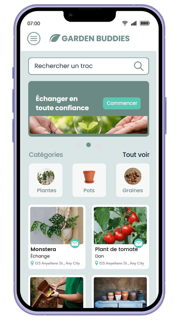 Maquette de l'application mobile de troc de plantes